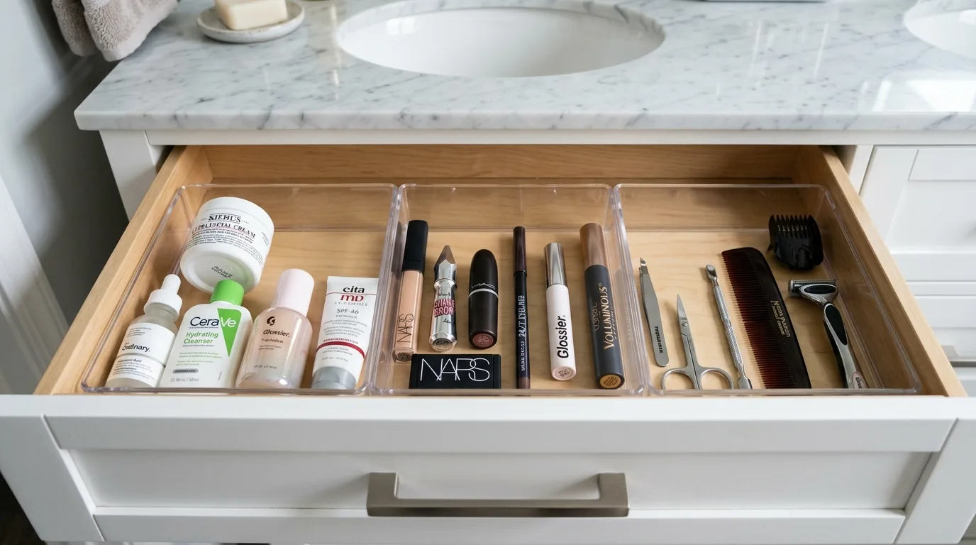 Use drawer inserts for small routine items inspiration for an organized bathroom.